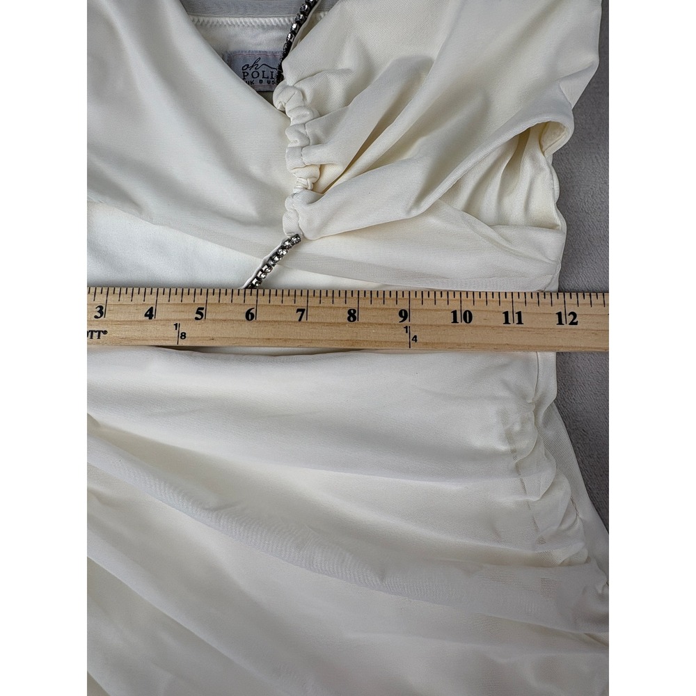 Oh Polly Ivory Ruched Mesh Mini Dress Rhinestone Chain Cutout One Shoulder US 4 - Picture 5 of 10